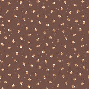 May include: A seamless fabric pattern featuring a dark brown background with a repeating print of small, light brown mushrooms with white polka-dot caps. The design is interspersed with tiny white dots scattered across the entire surface.