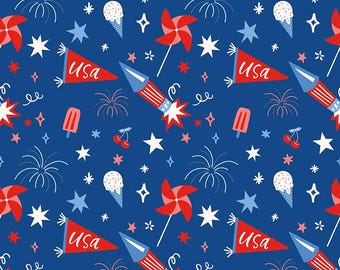 CLEARANCE Firecracker Blue Main Fabric - Patriotic Fabric Collection by My Mind's Eye for Riley Blake Designs