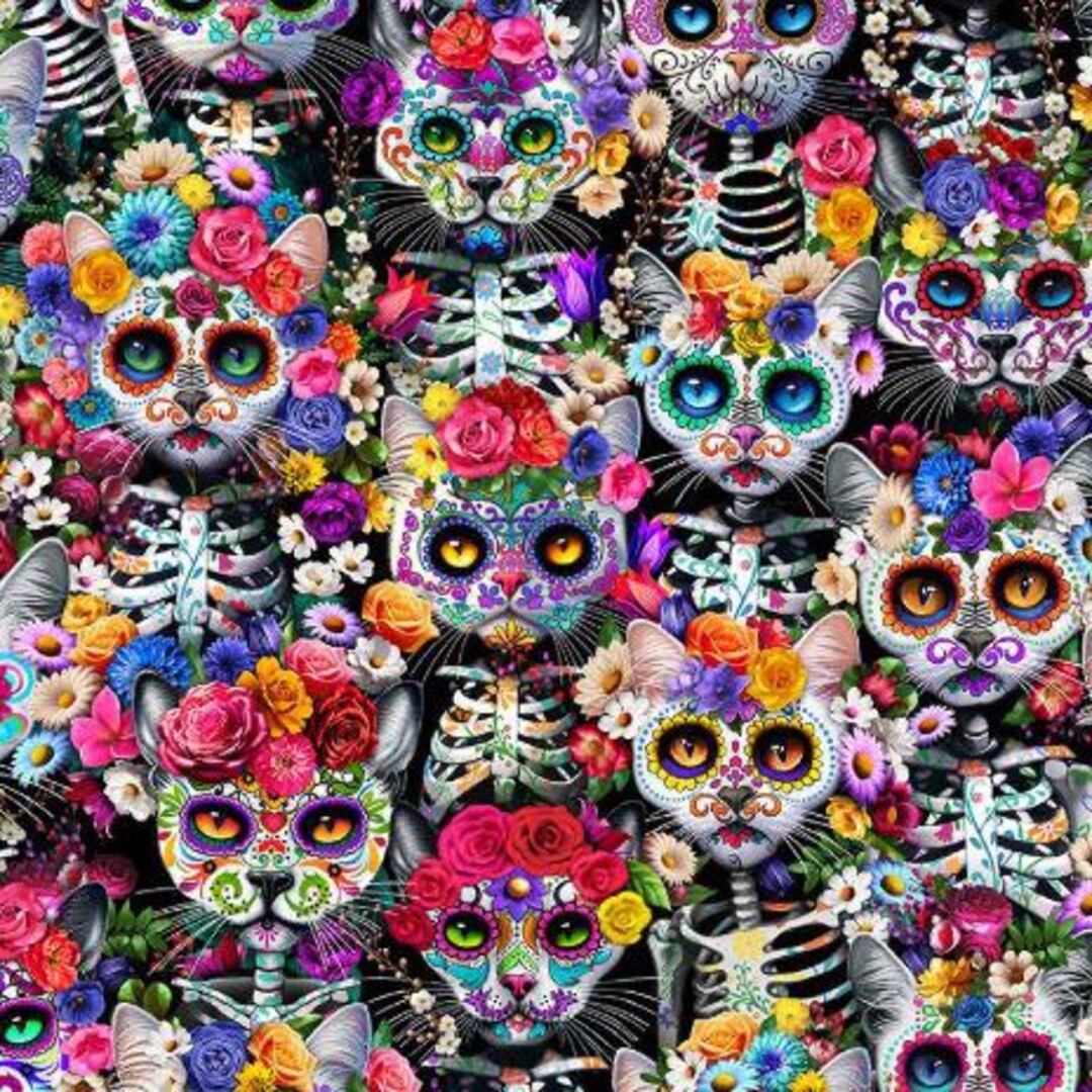 Packed Skeleton Floral Cats Fabric - Day of the Dead Collection by ...