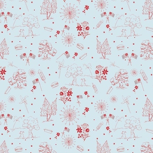 May include: A light blue fabric featuring a repeating red line-art pattern of American flags, fireworks, trees, flowers, hamburgers, hot dogs, and pinwheels. The design includes small scattered stars throughout the light blue background.