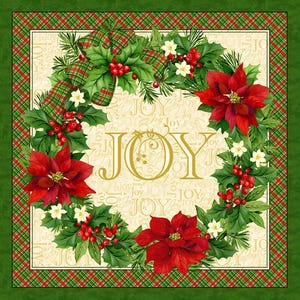 May include: A fabric panel featuring a large central square with a wreath of red poinsettias, holly berries, and green leaves surrounding the word JOY in gold. Six smaller squares depict red Christmas ornaments with ribbons and greenery.