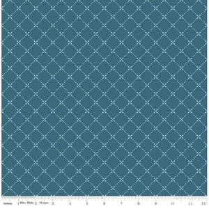 May include: Teal fabric with a repeating pattern of white dotted lines forming a diamond grid. The design is evenly spaced across the fabric, creating a textured appearance. The fabric is measured in inches.
