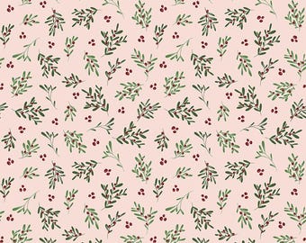 CLEARANCE Mistletoe and Holly on Pale Pink Fabric - Collection by Beverly McCullough for Riley Blake Designs