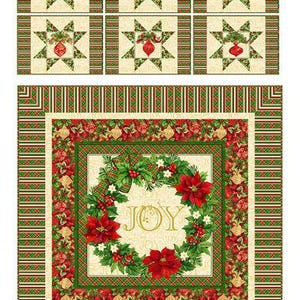 May include: A fabric panel featuring a central square with a Christmas wreath, red poinsettias, and the word JOY in gold. The design includes a border of red and green stripes and six smaller squares above with star patterns and red ornaments.