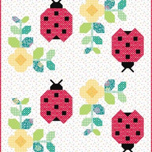 May include: A quilt fabric pattern featuring repeating motifs of red ladybugs with black spots and yellow flowers with green and teal patterned leaves. The background is white with small multicolored dots and a thin red border around the edge.