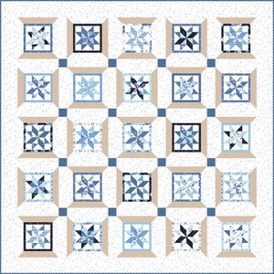 May include: A patchwork quilt featuring a repeating pattern of blue and white star blocks set within tan frames. The quilt has a white background with small, scattered dots and a blue border. The star blocks vary in design and shade of blue.