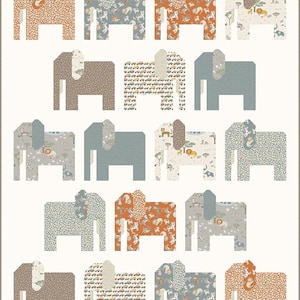 May include: A repeating pattern of stylized elephants in various colors and patterns. The elephants are arranged in rows and columns on a white background. The patterns include animal prints, cars, and safari scenes.