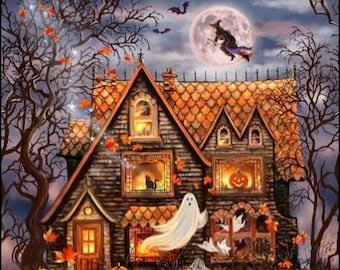 LIQUIDACIÓN Panel de tela de la Casa Embrujada de Halloween - Colección de telas Embrujadas, Tesoros atemporales