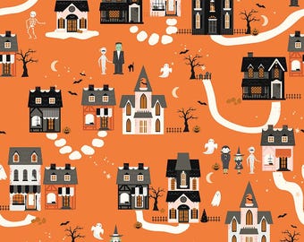 May include: An orange fabric pattern featuring a repeating scene of various houses, ghosts, skeletons, mummies, vampires, witches, black cats, bats, and pumpkins. The design includes winding white paths connecting the buildings and dark trees.