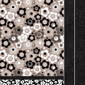 May include: A fabric panel with a floral pattern in black, white, and tan. The design features large, stylized flowers with a dotted center. The top and bottom borders have a white flower pattern on a black background. The right side has a black circular pattern.
