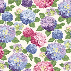May include: A seamless pattern featuring vibrant hydrangea blooms in shades of blue, purple, pink, and green. The flowers are set against a cream-colored background, creating a floral design. The image showcases a variety of hydrangea sizes and arrangements.