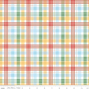 May include: A colorful plaid fabric pattern featuring a grid of intersecting lines in red, white, green, yellow, and light blue. The fabric has a repeating pattern of vertical and horizontal stripes. The image includes the text "Riley Blake Designs" at the bottom.