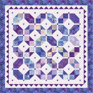 May include: A handcrafted quilt with a geometric pattern in shades of purple and blue. The quilt features octagonal shapes and square blocks, bordered by a white frame with a sawtooth edge and a floral patterned border. The quilt is a cozy home decor item.