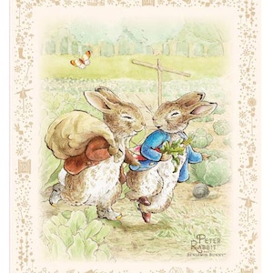 May include: An illustration featuring two rabbits in a garden setting. One rabbit carries a sack, the other holds vegetables. The rabbits are dressed in clothing and are surrounded by cabbage and a butterfly. The image has a decorative border.
