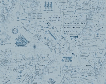 Independence Colonial Map Fabric, Blue - Patriotic Collection by The RBD Designers for Riley Blake Designs C17332-BLUE