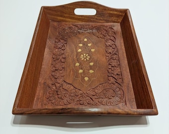 Hand-Carved Indian Wood Tray with Brass Inlay – Floral Decorative Organizer Serving Tray