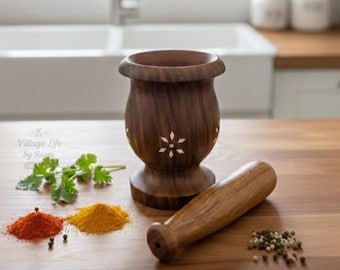 Handcrafted Rosewood Mortar and Pestle | Floral Inlay, Herb Grinder