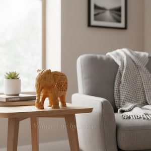 Hand Carved Teak Wood Elephant Sculpture with Secret Baby Inside, Intricate Needle-Carved Jali Lattice