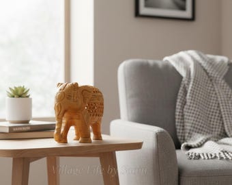 Hand Carved Teak Wood Elephant Sculpture with Secret Baby Inside, Intricate Needle-Carved Jali Lattice