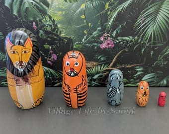 Handcrafted Animal Nesting Dolls | Wooden Matryoshka | Lion Tiger Elephant Folk Art Decor