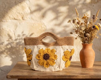 Handmade Crochet Sunflower Tote Bag, Boho Cotton Knit Handbag, Beach Vacation Market Bag, Cottagecore Floral Summer Bag