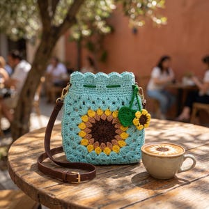 Könnte beinhalten: Eine hellblaue Häkel-Beuteltasche mit einem großen Sonnenblumenmotiv aus braunen und gelben Blütenblättern. Die Tasche hat einen gewellten oberen Rand, einen verstellbaren dunkelbraunen Lederriemen und einen kleinen Anhänger mit grünem Blatt.