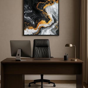 Arte mural abstracto de lujo en negro y dorado: Impresión moderna con textura de mármol para decorar la oficina o el salón.