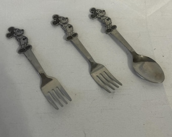 Set Bonny Disney Stainless Mickey Minnie Mouse Child Spoon Fork Vtg Japan 3 Lot