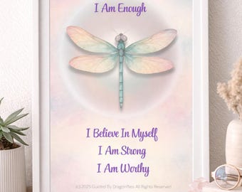 Dragonfly Affirmation Wall Art – I Am Enough | Feminine Strength, Self-Belief & Inner Calm