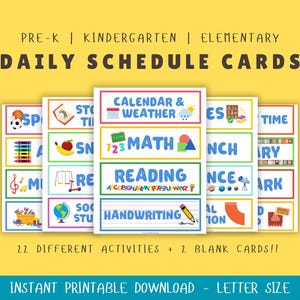 Op de afbeelding: Een set kleurrijke dagroosterkaarten voor kleuters en basisschoolleerlingen. De kaarten tonen verschillende activiteiten zoals wiskunde, lezen en wetenschap, met de tekst "DAILY SCHEDULE CARDS" bovenaan. Direct downloadbaar en printbaar.