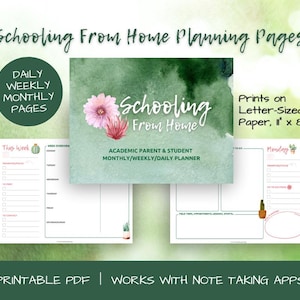 Puede incluir: Un planificador PDF imprimible con el texto "Schooling From Home Planning Pages". El planificador incluye páginas diarias, semanales y mensuales. El diseño presenta elementos de acuarela y está impreso en papel de tamaño A4, aproximadamente 21 x 29,7 cm.