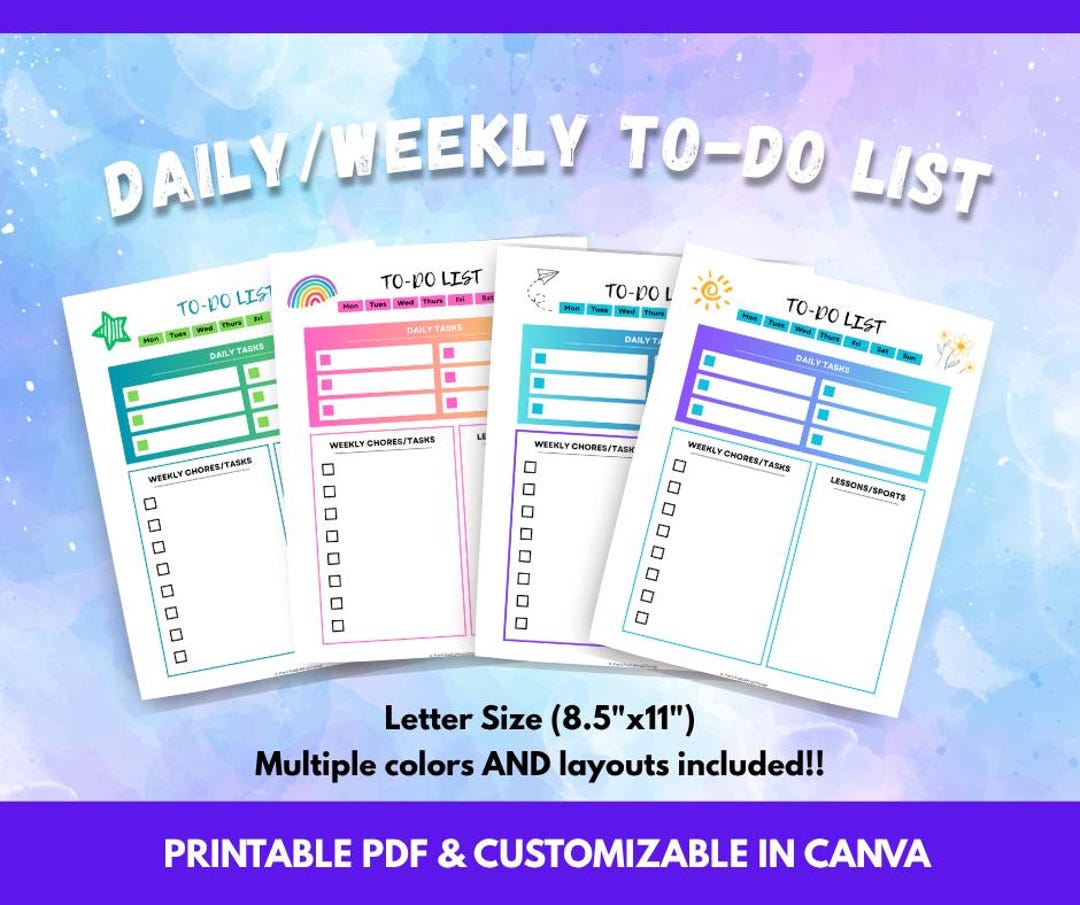 Colorful Daily Weekly To-do Lists, Elementary, Middle School, Printable ...