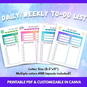May include: Four printable to-do list templates in various colors, including pink, blue, and purple. Each list features sections for daily tasks and weekly chores, with a header that reads "TO-DO LIST". The size is 8.5" x 11".