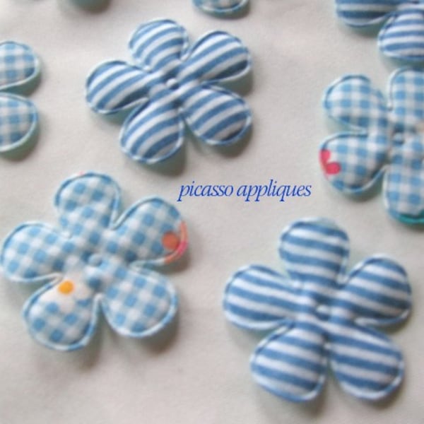 10  Blue Stripe Gingham Flower padded appliques embellishments ****SHOP Closing Close OUT SALE **** Everything must go !!