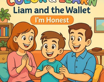May include: A colourful illustration of a family of three, with the text "COLOR & LEARN Liam and the Wallet I'm Honest". The family is sitting on a sofa and smiling. The image is bright and cheerful.