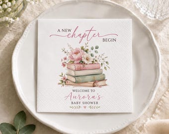 A New Chapter Begins Napkins, Personalized Book Theme Baby Shower Napkins, , Floral Storybook Baby Shower Decor, Custom baby name Napkins