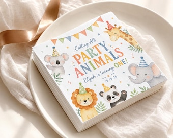 Party Animals Birthday Napkins, Personalized Safari Birthday Napkins, Custom First Birthday Napkins, Jungle Animal Party Decor