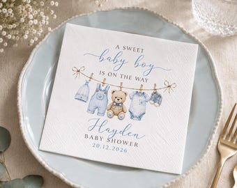 Personalized Baby Boy Shower Napkins, Blue Clothesline Teddy Bear Napkin, Custom Name Baby Shower Decor, Sweet Baby Boy Party