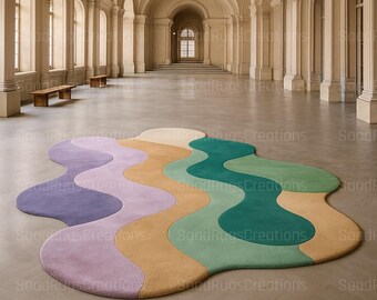 Hand-Tufted Wavy Rug, Multicolor Pastel, Artistic Decor (5x8, 6x9)