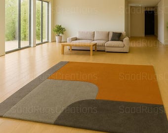 Hand-Tufted Orange & Grey Geometric Wool Rug – Modern Abstract Design