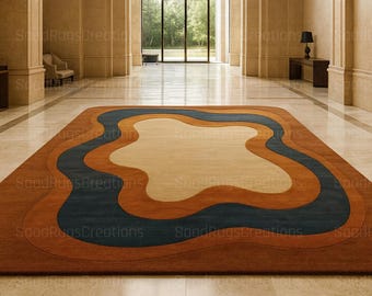 Alfombra curva orgánica en naranja quemado y azul marino: alfombra bohemia moderna