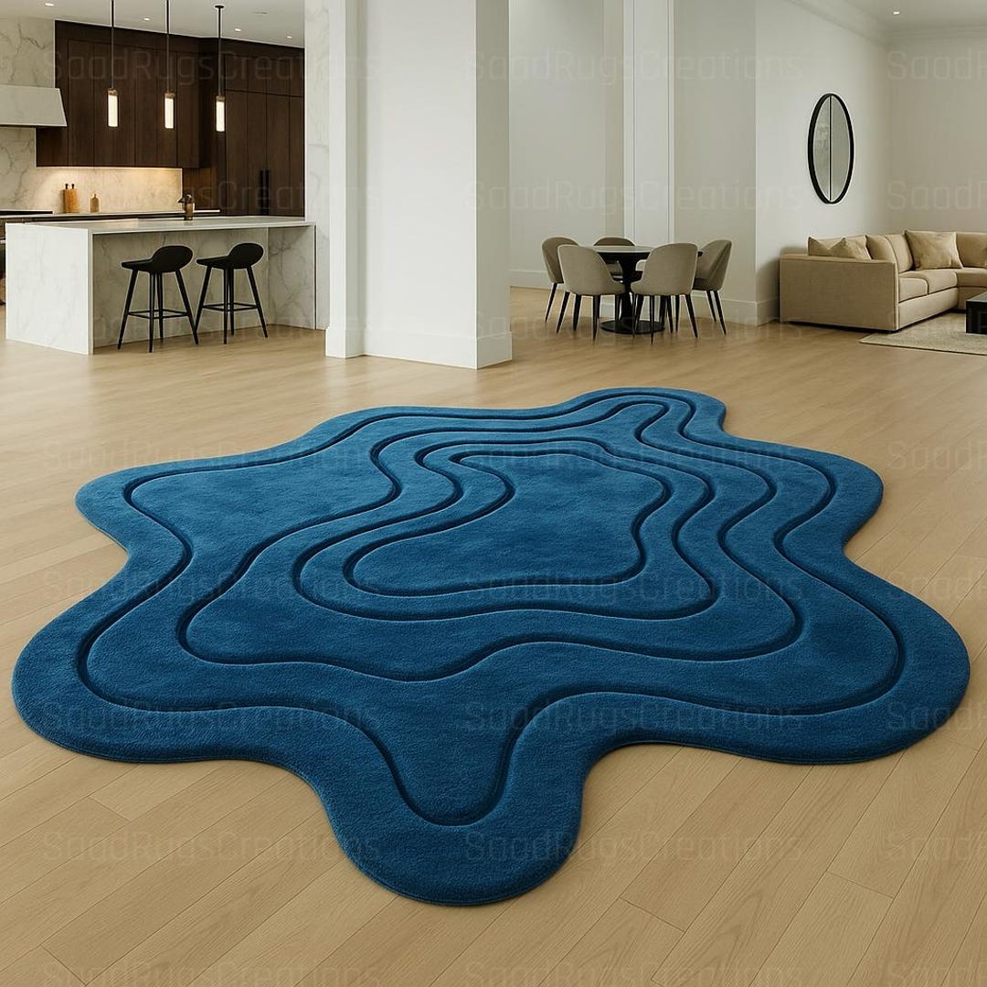 Modern Blue Abstract Rug – 3D Sculpted Fluid Shape Carpet - Etsy
