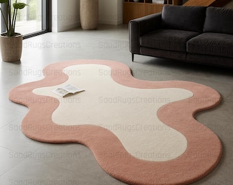 Wavy Abstract Area Rug – Pastel Pink & Cream, Modern Accent Carpet