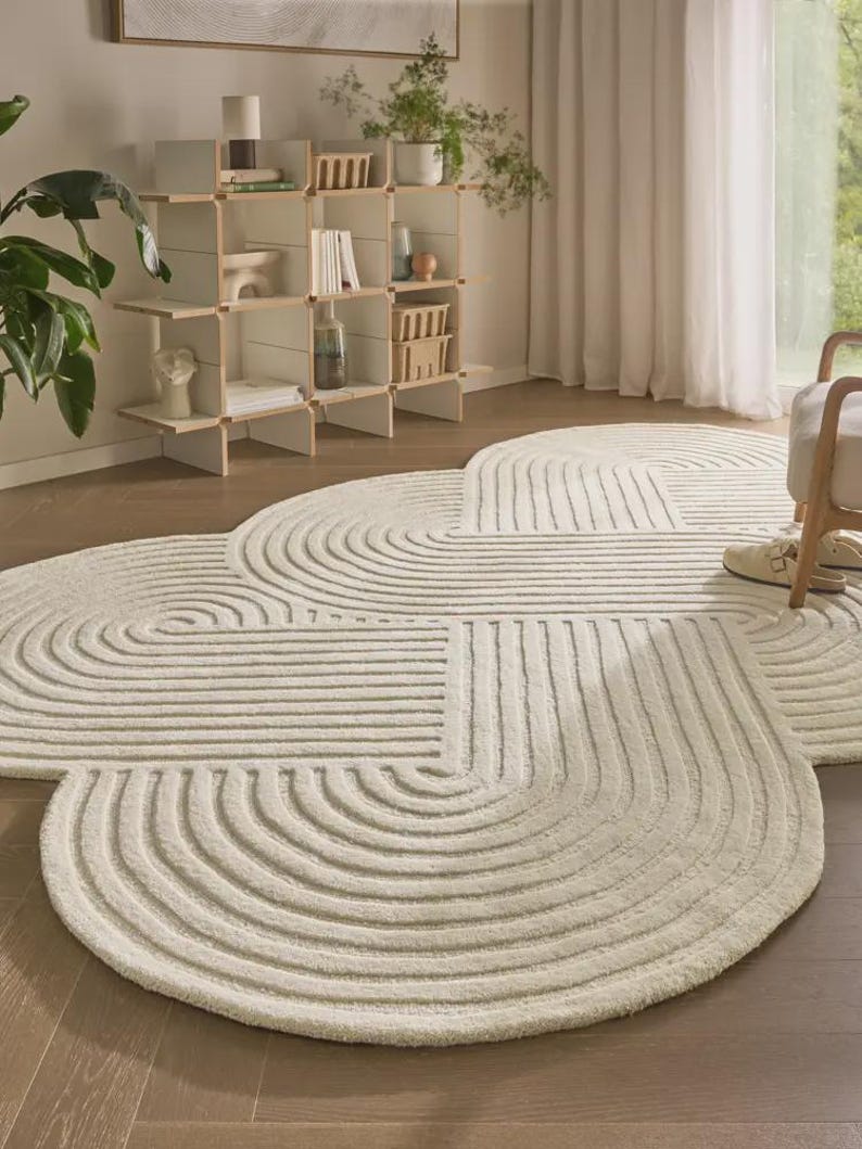 Hand Tufted Abstract Wool Rug, Cream Ivory Scalloped Area Rug, Modern ...
