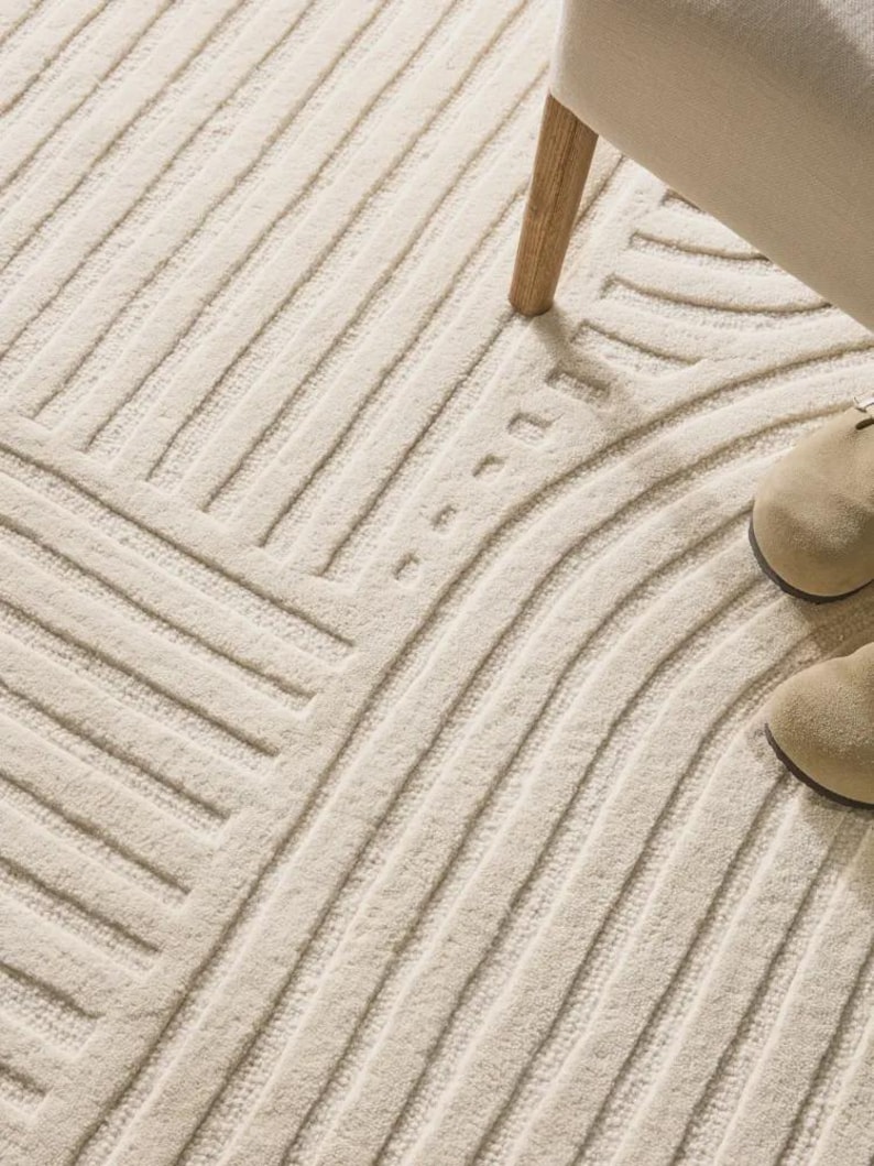 Hand Tufted Abstract Wool Rug, Cream Ivory Scalloped Area Rug, Modern ...