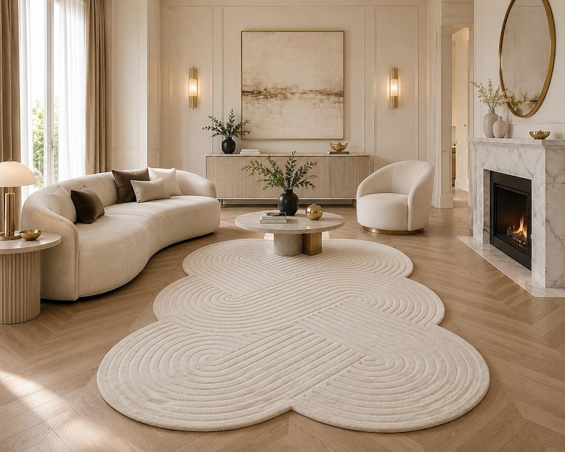Hand Tufted Abstract Wool Rug, Cream Ivory Scalloped Area Rug, Modern ...