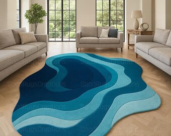 Modern blauw golvend vloerkleed – op de oceaan geïnspireerd, unieke artistieke vorm
