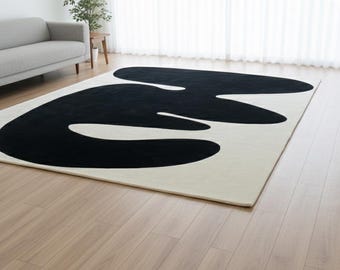 Alfombra de lana tejida a mano / Alfombra moderna abstracta en blanco y negro / Alfombra con forma orgánica tipo mancha, alfombra minimalista para sala de estar.