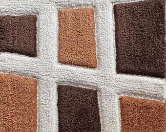 Modern Geometric Shaggy Rug – Abstract Brown Beige Cream Carpet, Plush Fluffy Area Rug