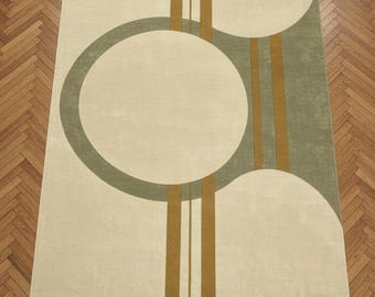 Alfombra de lana Art Déco / Alfombra geométrica con diseño de rayos de sol tejida a mano / Alfombra verde salvia crema, decoración de lujo moderna de mediados de siglo para el suelo